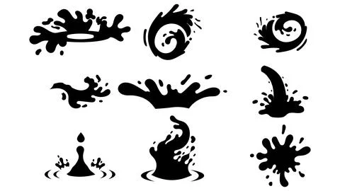 Black liquid splash silhouette vector set with ink splatter, water wave Illustrazione stock