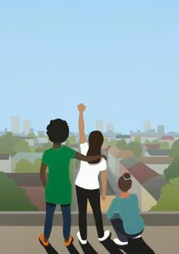 Black Lives Matter friends gesturing on city rooftop Stock Illustration