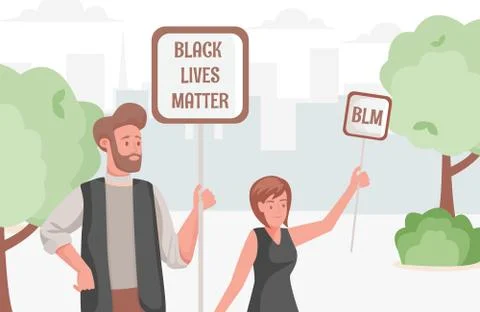 Black lives matter poster with protesting young people holding placards and Stock Illustration