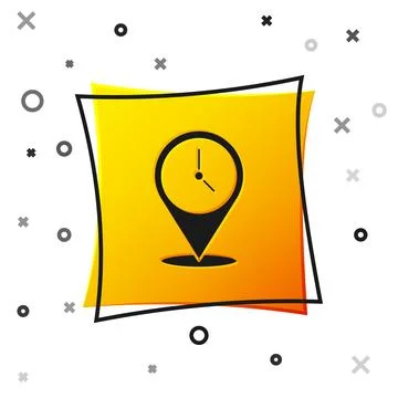 Black Location with clock icon isolated on white background. Yellow square Stock Illustration