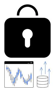 Black lock with keyhole, data graph, database icon, and upward arrows. Ideal  스톡 일러스트