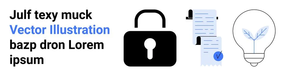 Black lock representing security, stacked documents with a blue checkmark, li Stock Illustration
