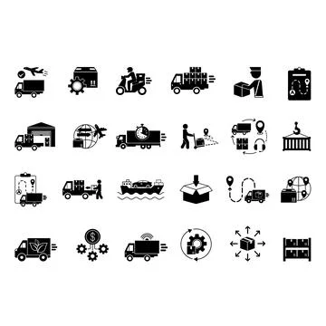 Black Logistics Icon Set. Vector Icon Delivery, Customs Clearance, Inventor.. Stock Illustration