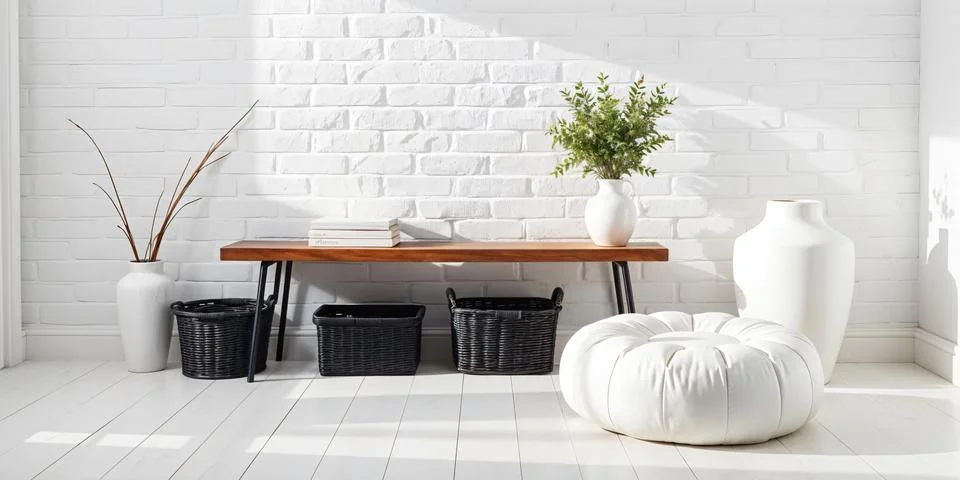Black long seat in front of white brick wall, 3D illustration, loft style. Stock Photos