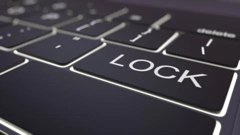 Black luminous computer keyboard and lock key. Conceptual 3D rendering Stock Illustration