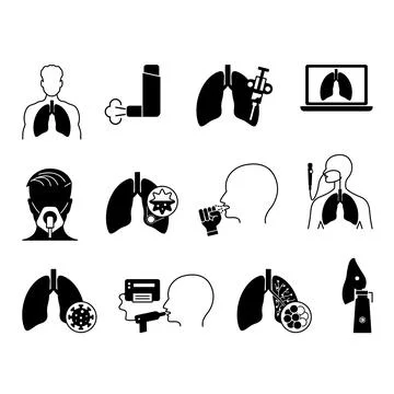 Black Lung Disease Icon Set. Vector Illustrations Lung, Lung Biopsy, Inhale.. Stock Illustration