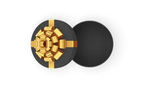 Black luxury circle open gift box with golden bow ribbon top view 3d icon rea Stock Illustration