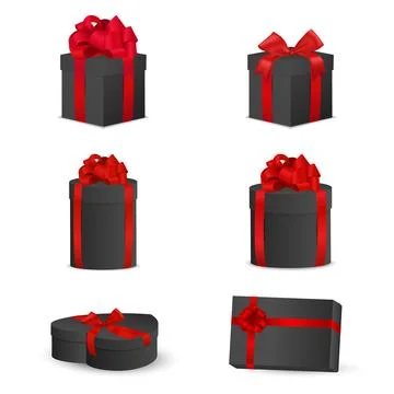 Black Luxury Gift Boxes with Red Ribbon Bow Round and Heart Present Set. Vector Stock Illustration