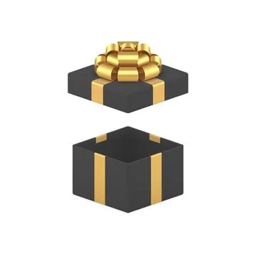 Black luxury open gift box with golden bow ribbon festive present 3d icon r.. Stock Illustration