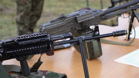 Black machine gun on the table. Stock Footage 88238779