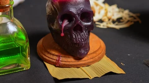 Black magic candles human skull with dark background, selective focus. Magi.. Stock Footage 314614035