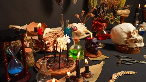 Black magic candles witchcraft composition. Selective focus. Magic ritual s.. Video stock 314614036
