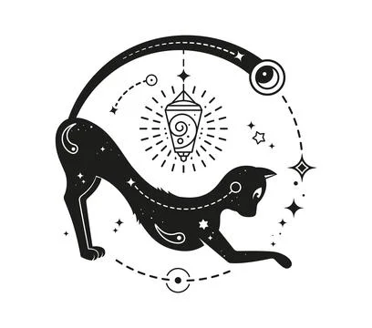 Black magic cat with cosmic patterns and symbols イラスト素材