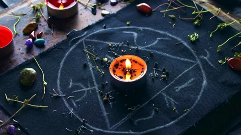 Black magic ritual background with magical altar, candles, crystals and herbs Stock Footage 244301906