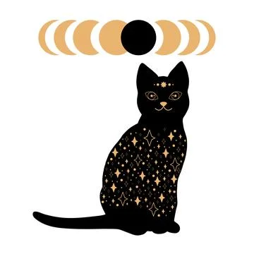 Black magical cat with star pattern and eclipse stages Stock Illustration
