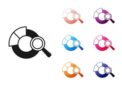Black Magnifying glass and data analysis icon isolated on white background Illustrazione stock