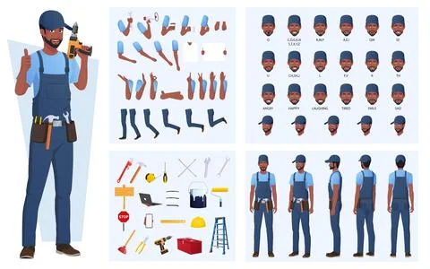 Black Maintenance Engineer Character Creation and Animation Pack, African Stock Illustration