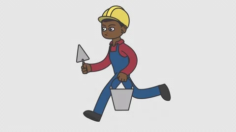 Black male builder in a hard hat runs holding a spatula and a bucket Stock Footage 249352439