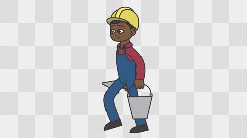 Black male builder in a hard hat walks holding a spatula and a bucket Stock Footage 260571951