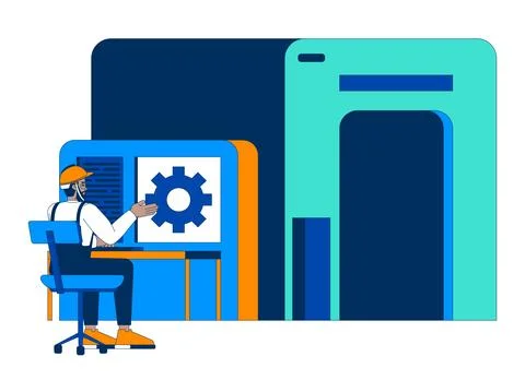 Black male engineer workstation operating processes 2D cartoon character Stock Illustration