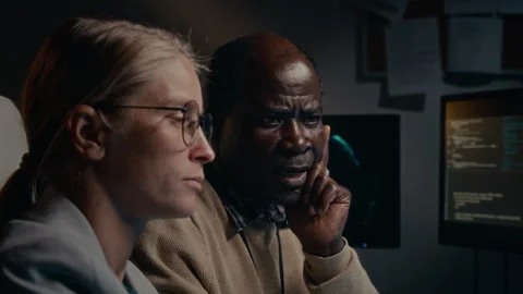 Black Male IT Security Expert Advising Junior Female Colleague on Bug in Code Stock Footage 288791816