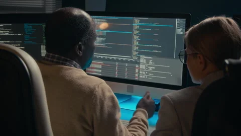 Black Male IT Security Expert Advising Female Trainee on Bug in Code Stock Footage 288792055