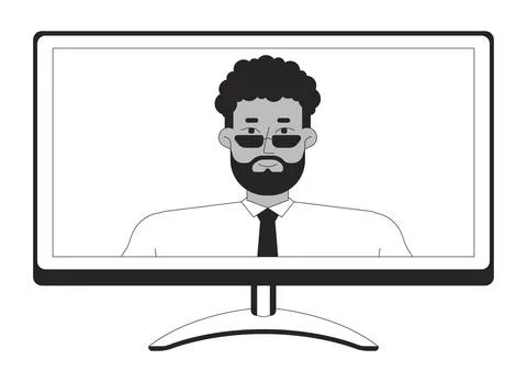 Black male manager on screen computer monitor black and white 2D line object 스톡 일러스트