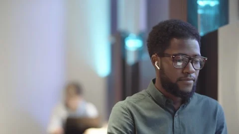 Black Male Programmer Working on Laptop in Coworking Stock Footage 123200479