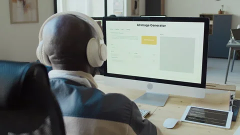 Black Male Software Developer Testing Image Generation Program in Office Stock Footage 293119209