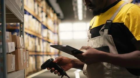Black male worker using scanner checking airway bill numbers in inventory Stock Photos