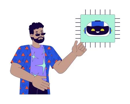 Black man with AI microchip 2D linear cartoon character Illustrazione stock
