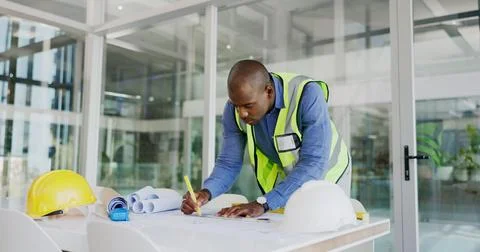 Black man, architect and drawing blueprint for construction job, engineering and Foto stock