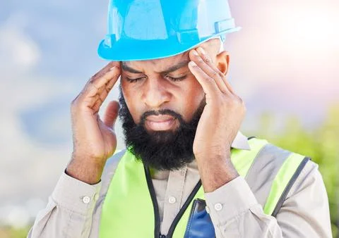 Black man, architect and headache in city from stress, anxiety or mental health Stock Photos