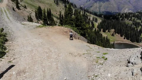 Black Man with Backpack Overlooking Forest and a Pond, Aerial Tilt Up Stock Footage 146561584