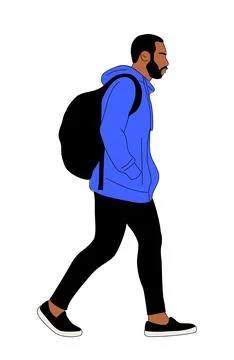 Black man with backpack walking side view. Illustrazione stock