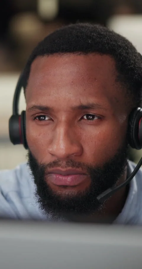 Black man, call center and conversation with laptop in office, telecom and Stock Footage 341074733