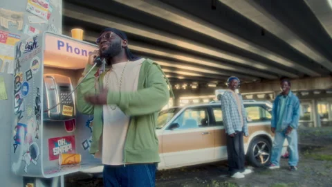 Black Man Calling on Payphone as Chilling with Friends under Overpass Stock Footage 285447227