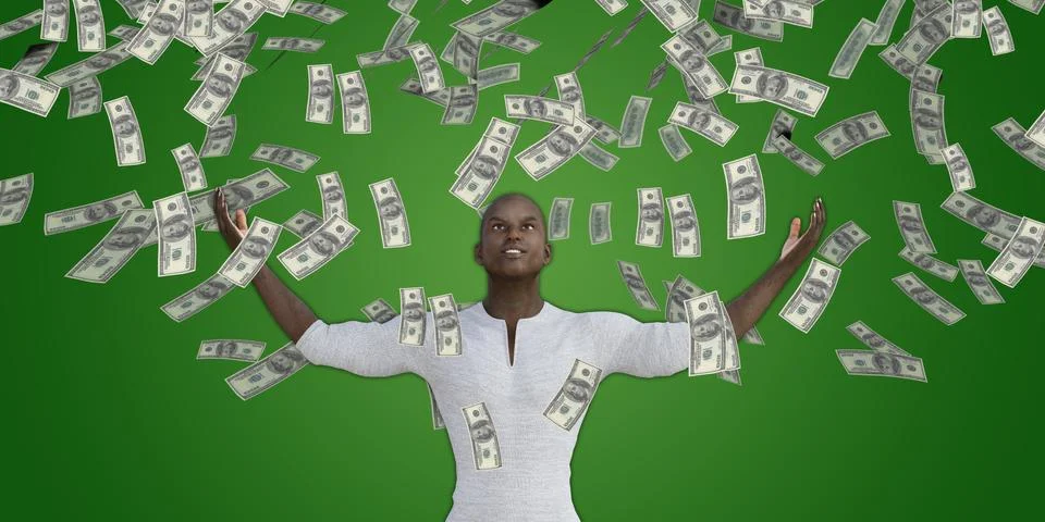 Black Man Catching Money Falling From the Sky Stock Illustration