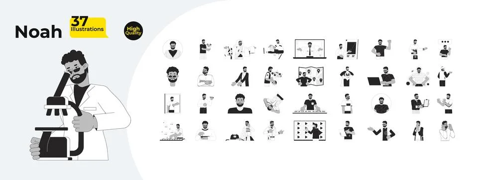 Black man character with professional, creative lifestyle illustrations bundle Stock Illustration