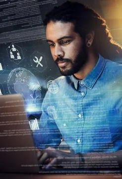 Black man, coding and global network with icons, laptop and app with digital Stock Photos