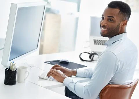 Black man, computer and design software at desk, online and transform website on Stock Photos