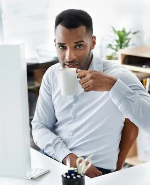Black man, computer and drinking coffee in office portrait, software developer Stockfoto's
