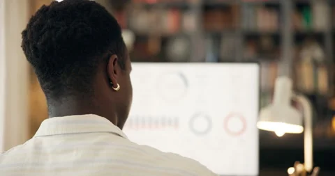 Black man, computer screen and writing with trading statistics on website for 스톡 동영상 294849314