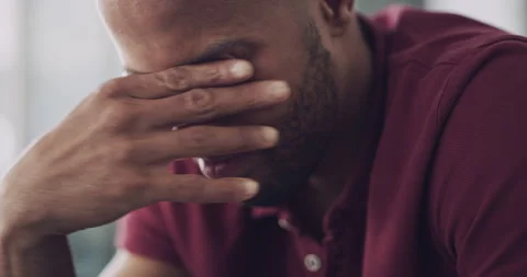 Black man, crying and sad depression, stress and home with loneliness, emotions Stock Footage 259377648