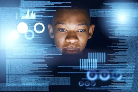 Black man, data and analytics with hologram for future development, statistics Stock Photos