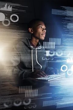 Black man, developer and night with overlay on computer for data, analytics or Stock Photos