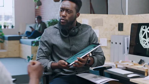 Black man, digital tablet and meeting in engineering design, climate change Stock Footage 224822516