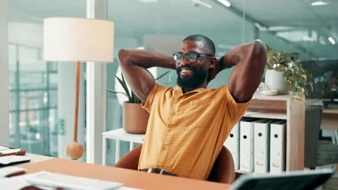 Black man, done and happy with computer at startup with project management, Stock Footage 330037810