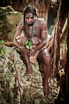 Black man with dreadlocks in the image of the Taino Indian in his habitat Stock Photos