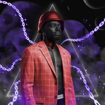Black man dressed in elegant jacket and hard hat 库存照片